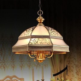 Lampe à suspension en laiton, six lumières, verre cuivré total vintage (P210151)