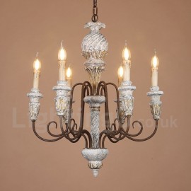 Lustre country vintage en bois à 6 lumières à un niveau pour salle à manger, lumière de salon
