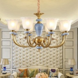 Lustre à suspension rétro, rustique et de luxe en laiton à 8 lumières avec abat-jour en verre