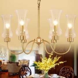 Lustre à suspension rétro, rustique et de luxe en laiton à 6 lumières avec abat-jour en verre