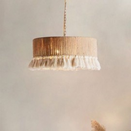 Lampe suspendue rétro style bohémien, plafonnier à pampilles en corde de chanvre