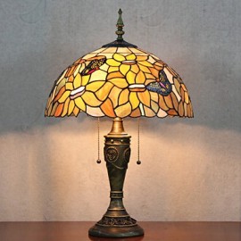 Lampe de table à abat-jour floral, 2 lumières, peinture sur verre en résine